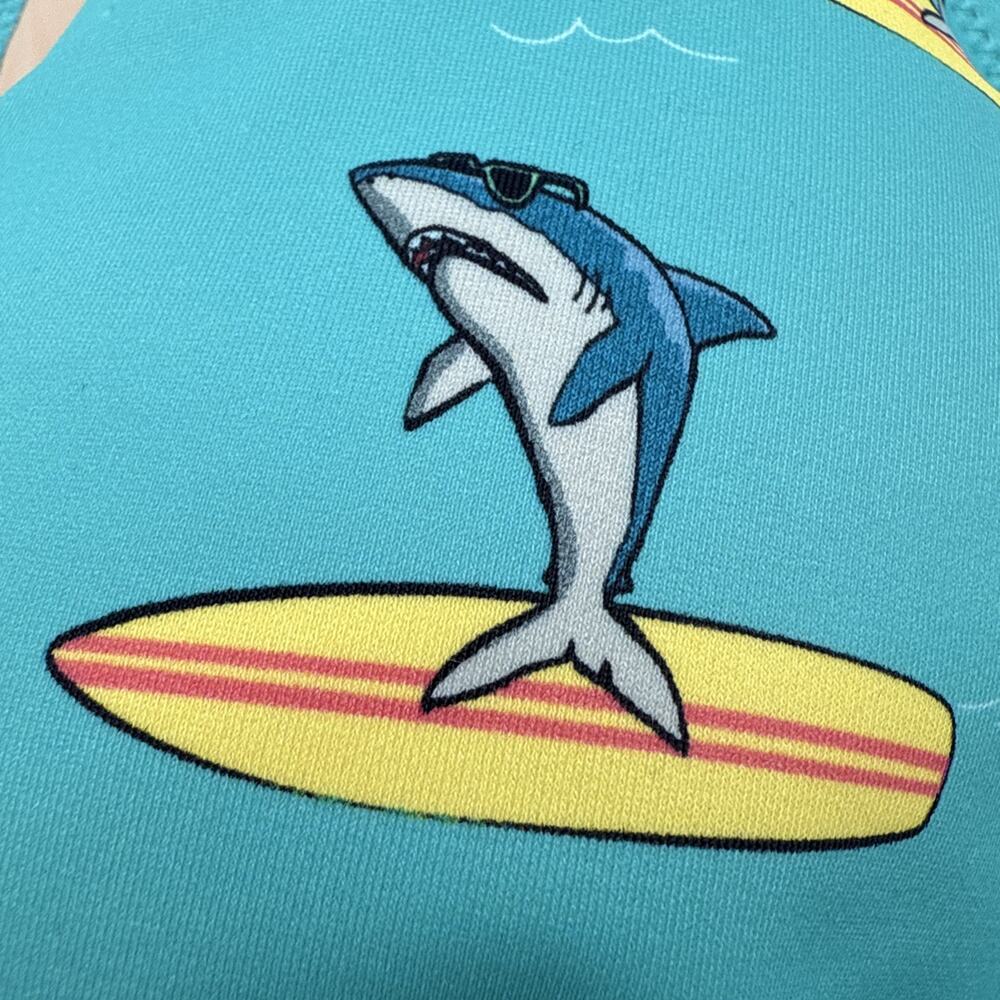 MeUndies Bikini 2Piece Swim Top SIZE XL Sharks On Surfboards Blue Novelty Print - Picture 8 of 8